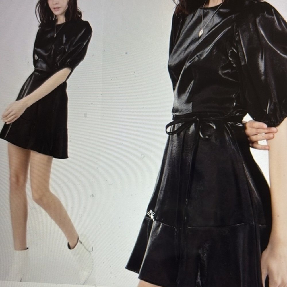NWT White Room & Cactus Black Satin Puff Sleeve Mini Dress Sz: M